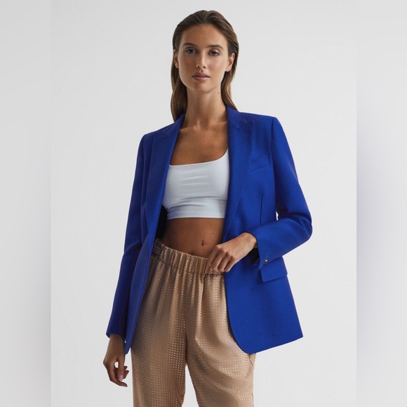 Reiss Blue ELIN Single-Breasted Wool-Blend Blazer - Picture 1 of 9